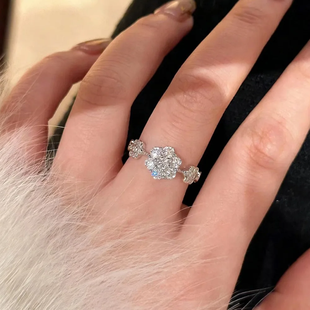 Exquisite Sweet 925 Sterling Silver Shiny Zircon Flowers Adjustable Opening Rings for Women Romantic Girlfriend Gifts Jewelry