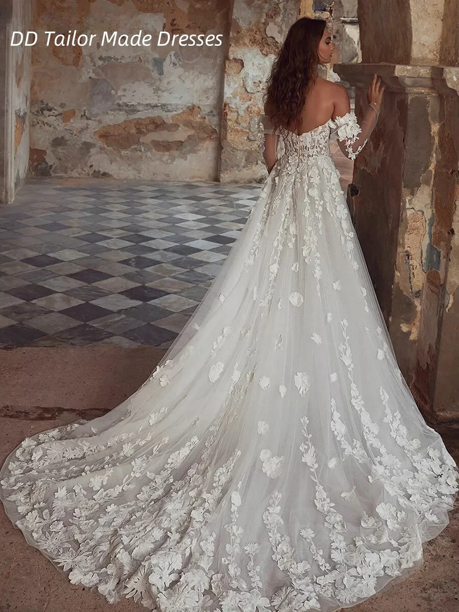 Ivory Boho Lace Wedding Dress With 3D Floral Appliques Removable Sleeves Long Country Bridal Gowns Customized Vestidos De Novia