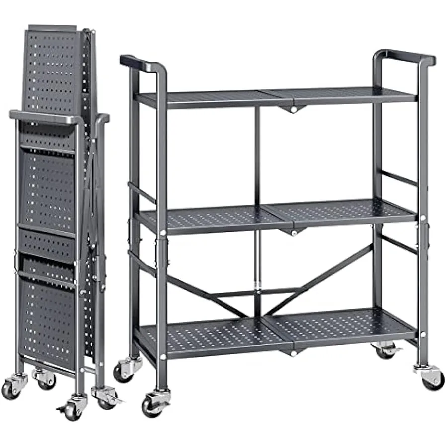 

3 Tier Rolling Utility Foldable Cart - Metal Folding Cart with Wheels Collapsible Service Cart Storage Shelf Rack for Kitchen O