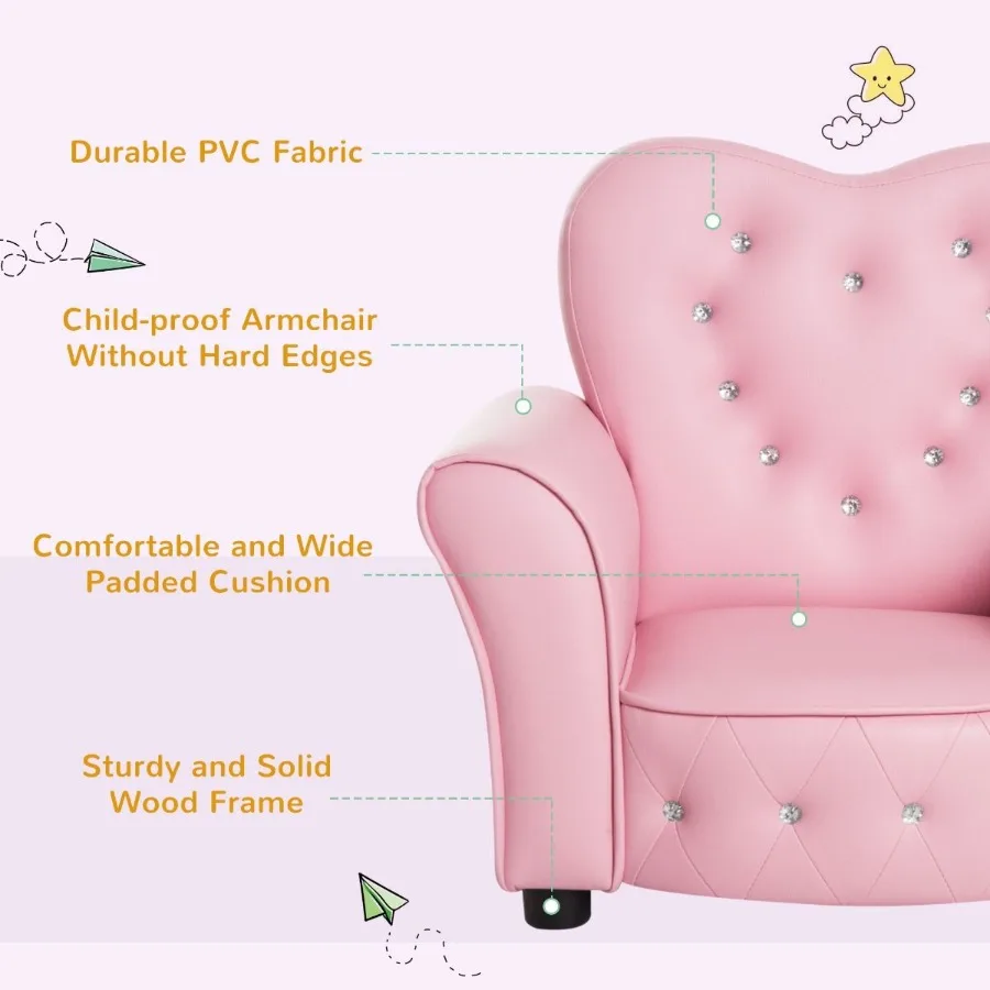 Qaba Pink Princess Toddler Sofa Chair Tufted Upholstered with Diamond Decor Luxury Couch for