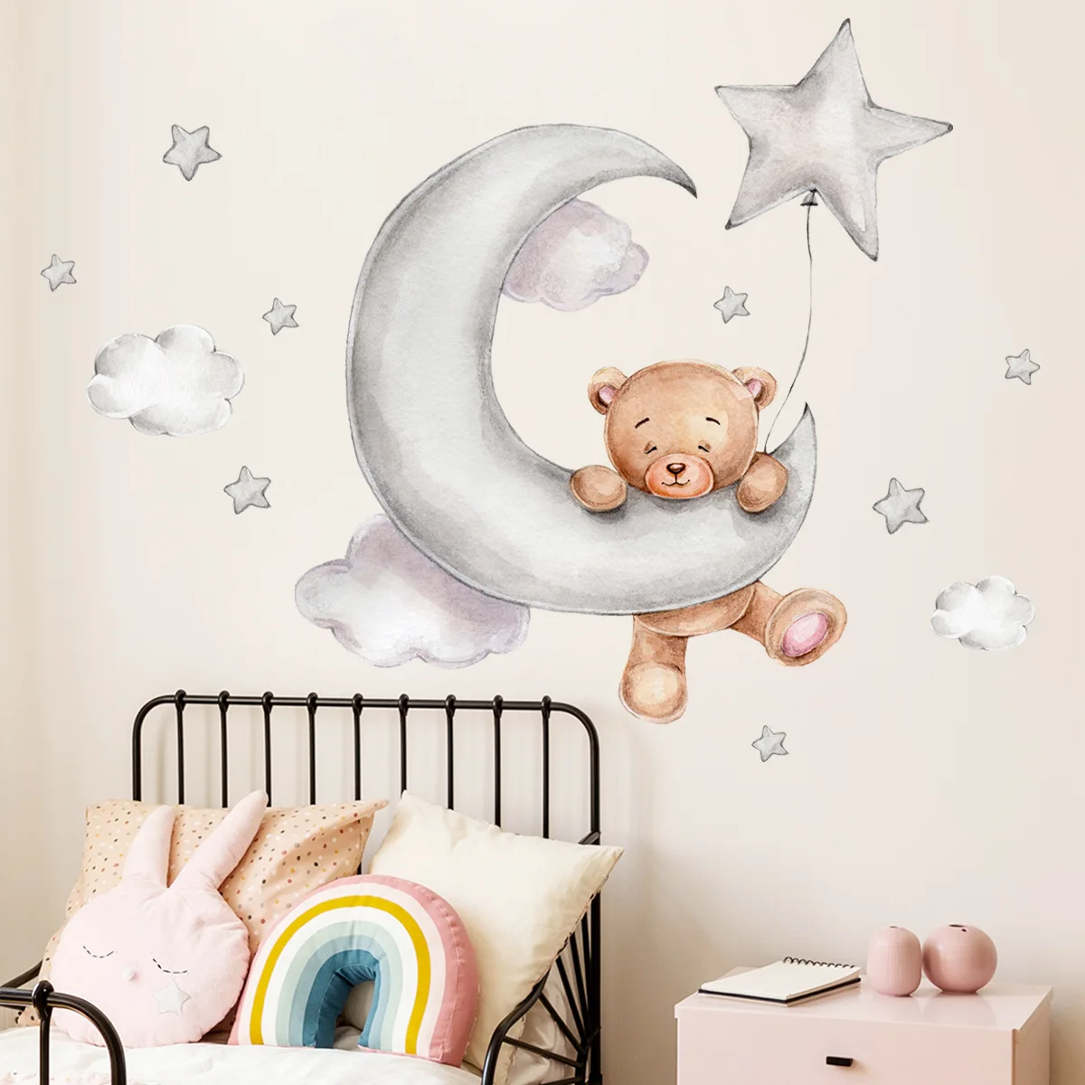 1Pcs Wall Stickers Wall Art Decor Cartoon Bear Moon and Stars Color Self Adhesive Stickers for Kids Room Baby Room Wall Decals