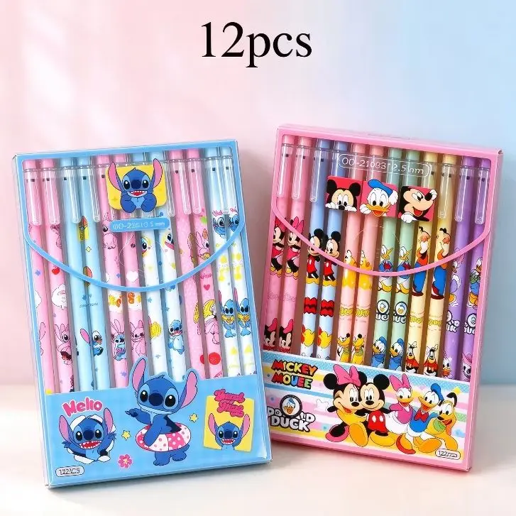 12pcs Disney Mickey, Minnie, Stitch Ballpoint Pens, 0.5mm Cartoon Erasable Ballpoint Pens, Student Stationery, Office Supplies