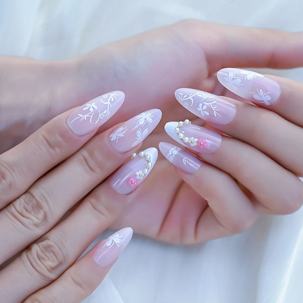 24Pcs/Set Nude French Press on Nails 3D Butterfly Fake Nail Tips Women Girls Wearable Acrylic False Nails with  Alloy Charms