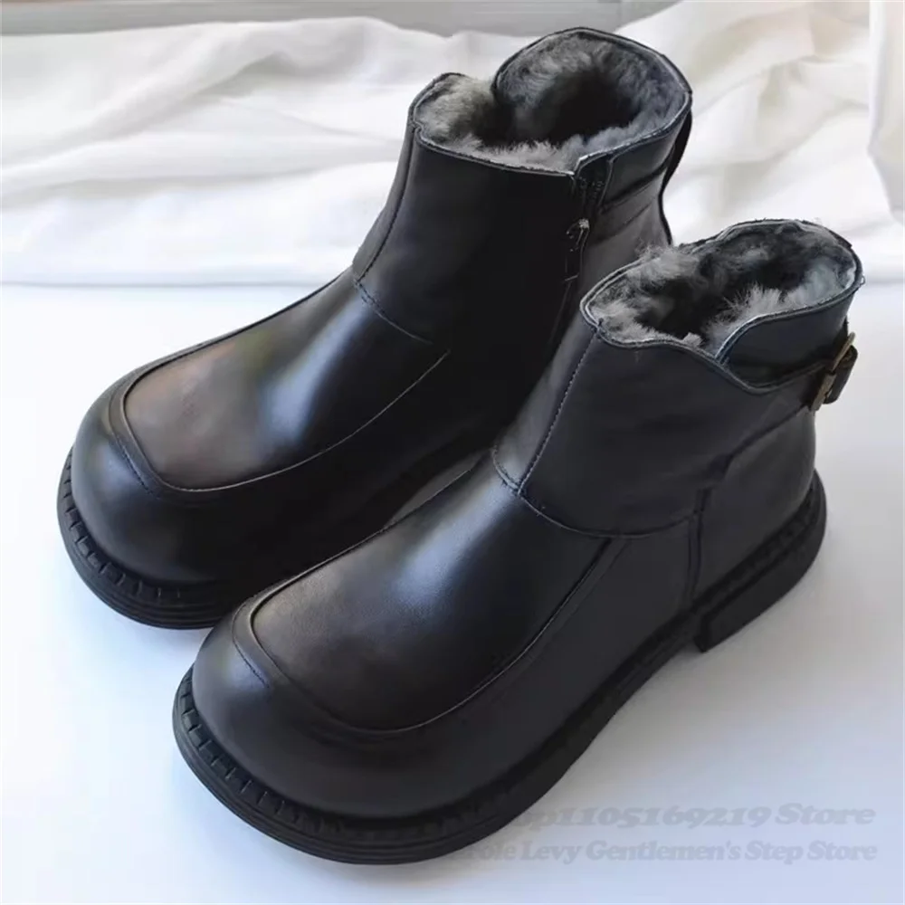 Wide Foot Plus Size Genuine Leather Wool Men Anti Slip Snow Boots Fur Integrated Smooth Leather Short Boots Winter Cotton Shoes