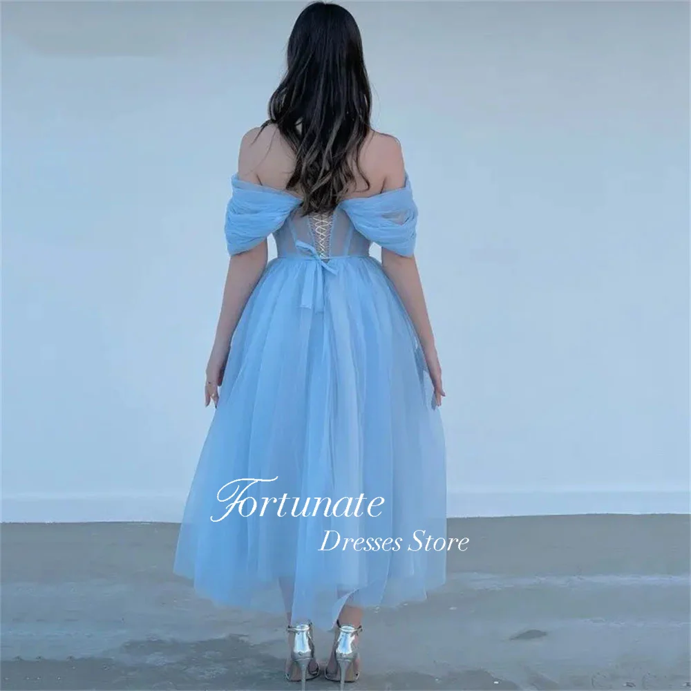 ที่กําหนดเอง Sweetheart Tulle PROM Dresses A-Line ปิดไหล่ Backless ชาความยาวการสําเร็จการศึกษาอย่างเป็นทางการ Gowns 2025