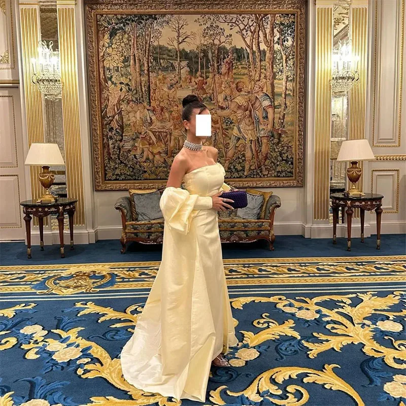 Elegante vestido de noche amarillo claro de manga larga con vaina dividida sin tirantes para mujer, Vestidos de graduación formales