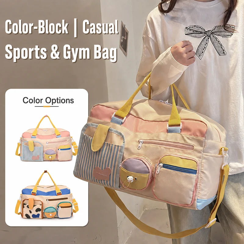 Color Block Womens Gym Duffel Bag Polyester Oxford Cloth Large Capacity Multi Pocket Adjustable Strap for Travel Weekend Trips