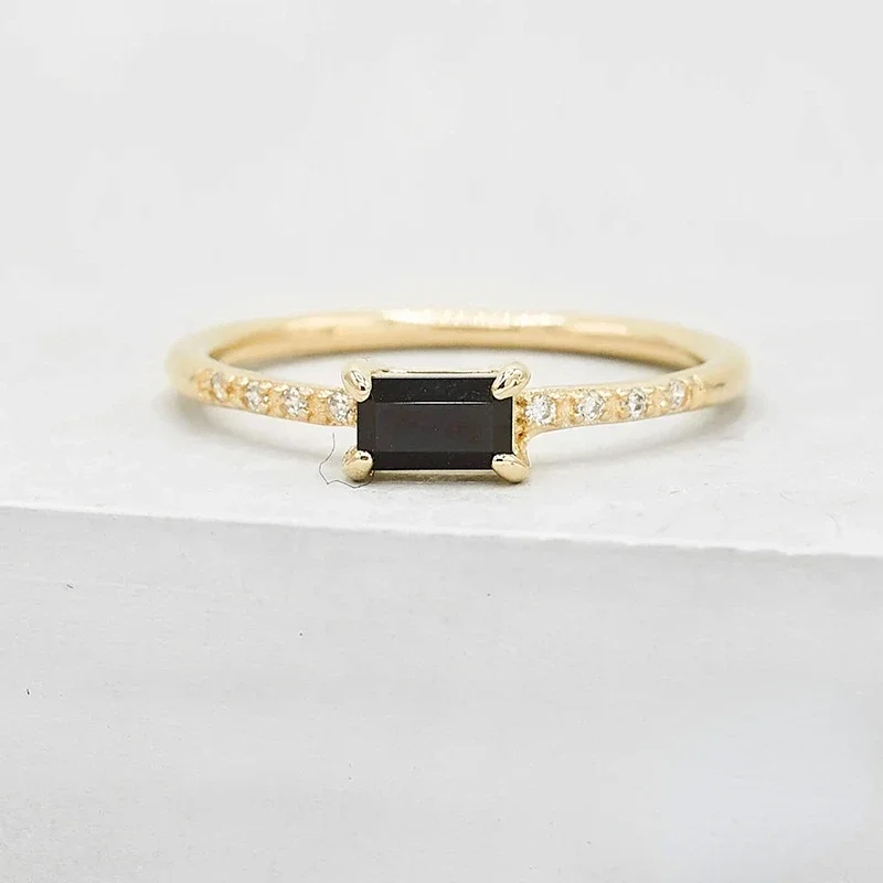 Trumium 925 Sterling Silver Rectangle Geometric Black Zircon Inlaid Rings for Women Plated18K Gold Women's Fashion Simple Ring - Image 4