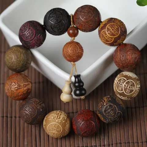 For Men And Women Jewelry Gift Classic 20mm Handmade Wood Carved Beaded Bracelet With Pendant