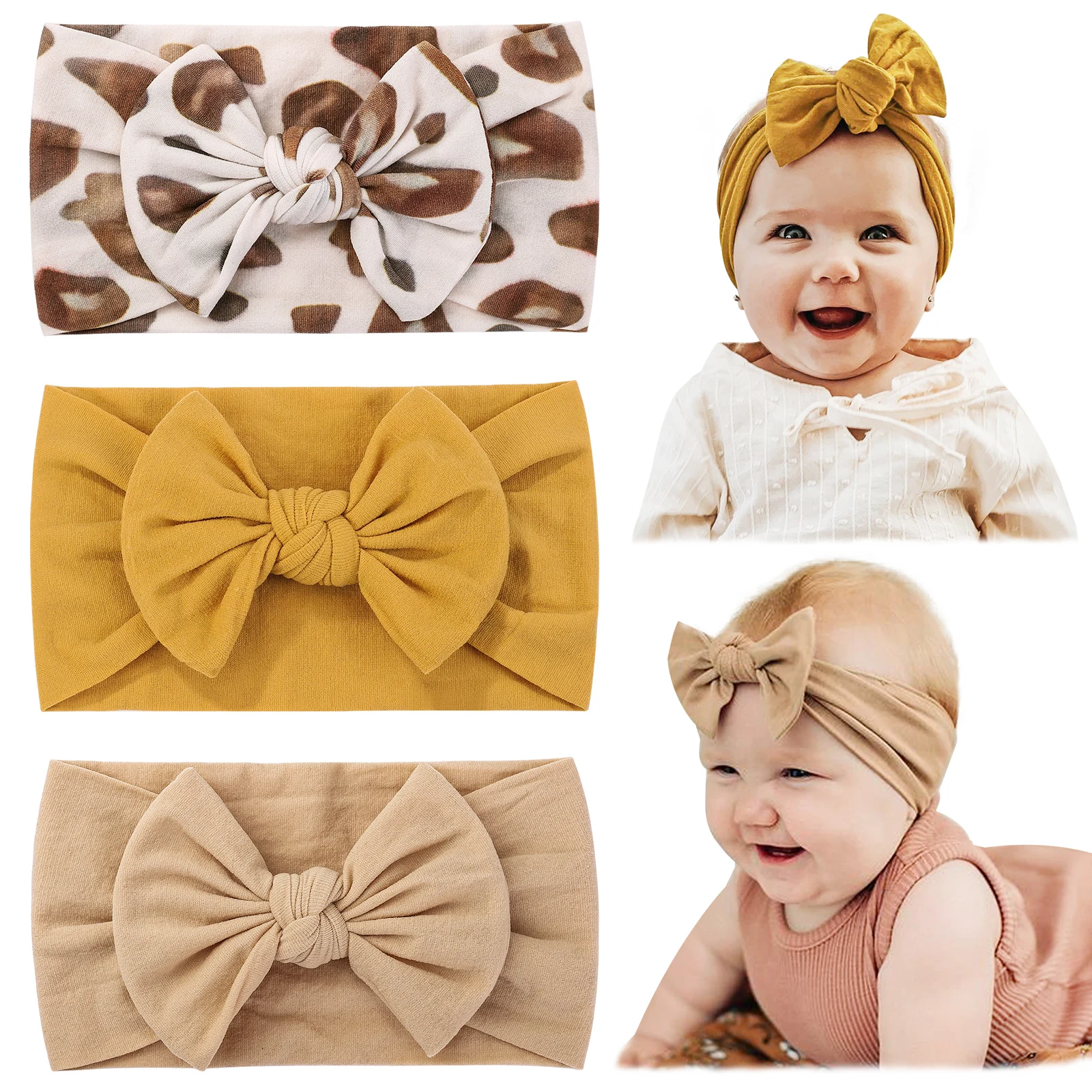 3pcs Elastic Knit Baby Headband Set for Girls Soft Nylon Turban Bows Kids Hair Accessories Newborn Wholesale Gift