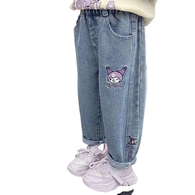 فتاة الجينز ربيع الخريف Kuromi ملابس الأطفال جديد Kawaii الكرتون أنيمي فضفاض فتاة الطفل الخريف الملابس السراويل