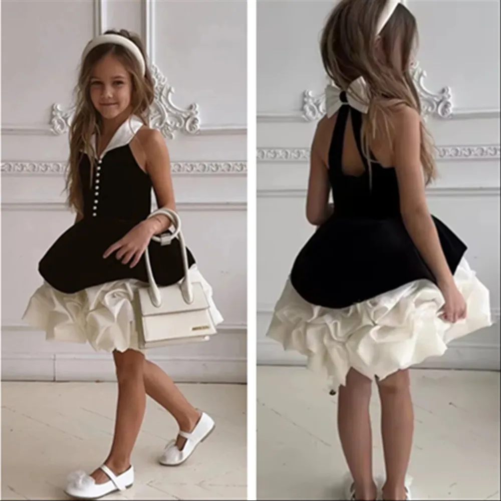 

Customized Elegant Black Flower Girl Dress for Wedding With Bow Sleeveless Kids Birthday Ball Gown First Holy Communion Gown