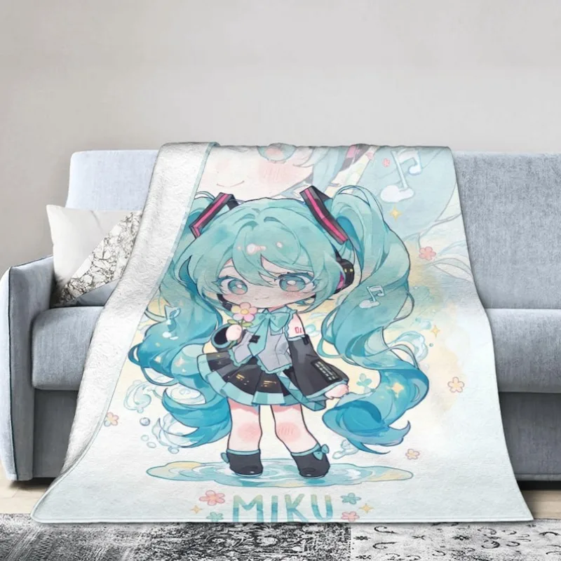 2026Hatsune Miku Chibi Style Flannel Throw Blanket Bedroom Decor Kawaii Anime Nap Blanket Air Conditioner Throw Sofa Throw Cover