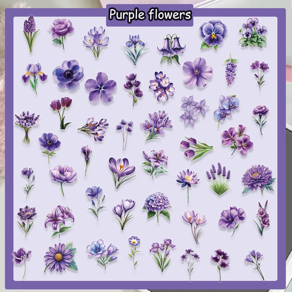 50PCS Purple Flower Graffiti PET Material Stickers Notebook Desktop Handbooks Decorative Waterproof Stickers