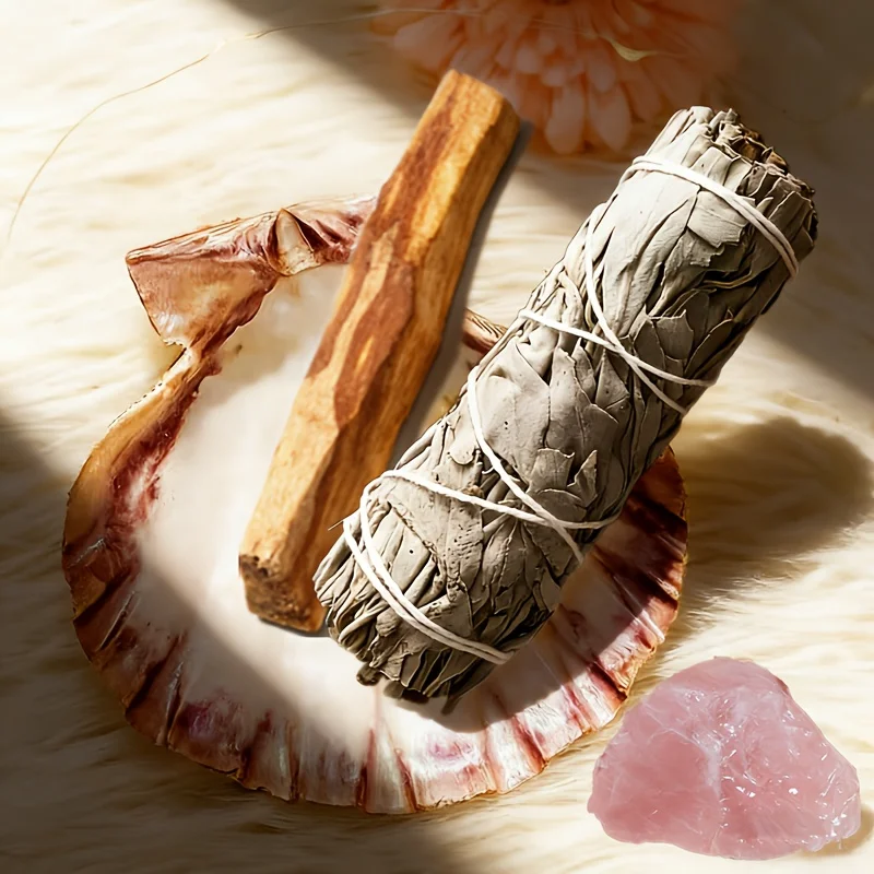 1 set of natural high-quality set, including white rat tail grass bundle, holy wooden stick, bracket and abalone shell, decorative feathers, crystal home gift box, holiday decoration and space purification, perfect for Christmas and Thanksgiving