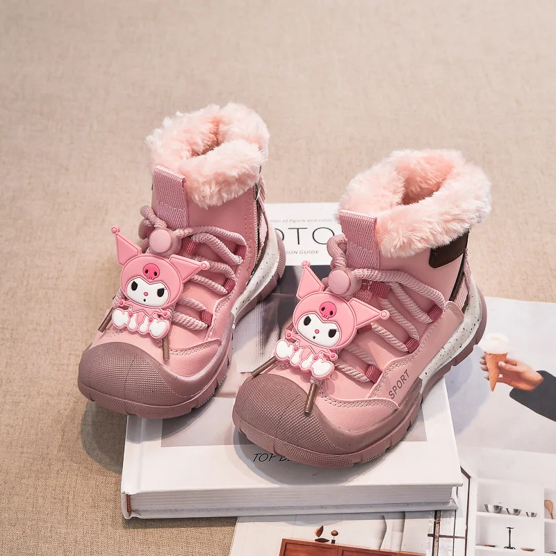 

Anime Kuromi Girls' Snow Boots Winter Children's Velvet Thick Cotton Boots Boys' Warm Cotton Shoes Plush Pu Leather Kid's Shoes