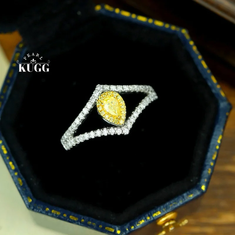 KUGG 100% 18K White Gold Rings Real Natural Yellow Diamond Engagement Ring for Women Luxury Elegant Style High Wedding Jewelry