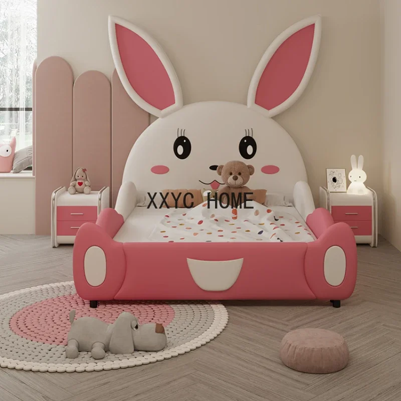 Net Red Rabbit Bed Children Leather Bed Girl Single with Protective Fence Fall Protection