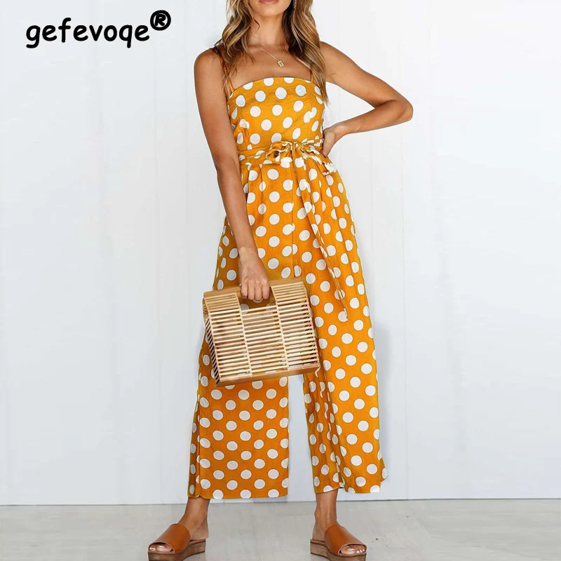 

Sexy Backless Spaghetti Strap Polka Dot Print Wide Leg Jumpsuit Women 2022 Vacation Summer Fashion Casual Lace-up Beach Rompers