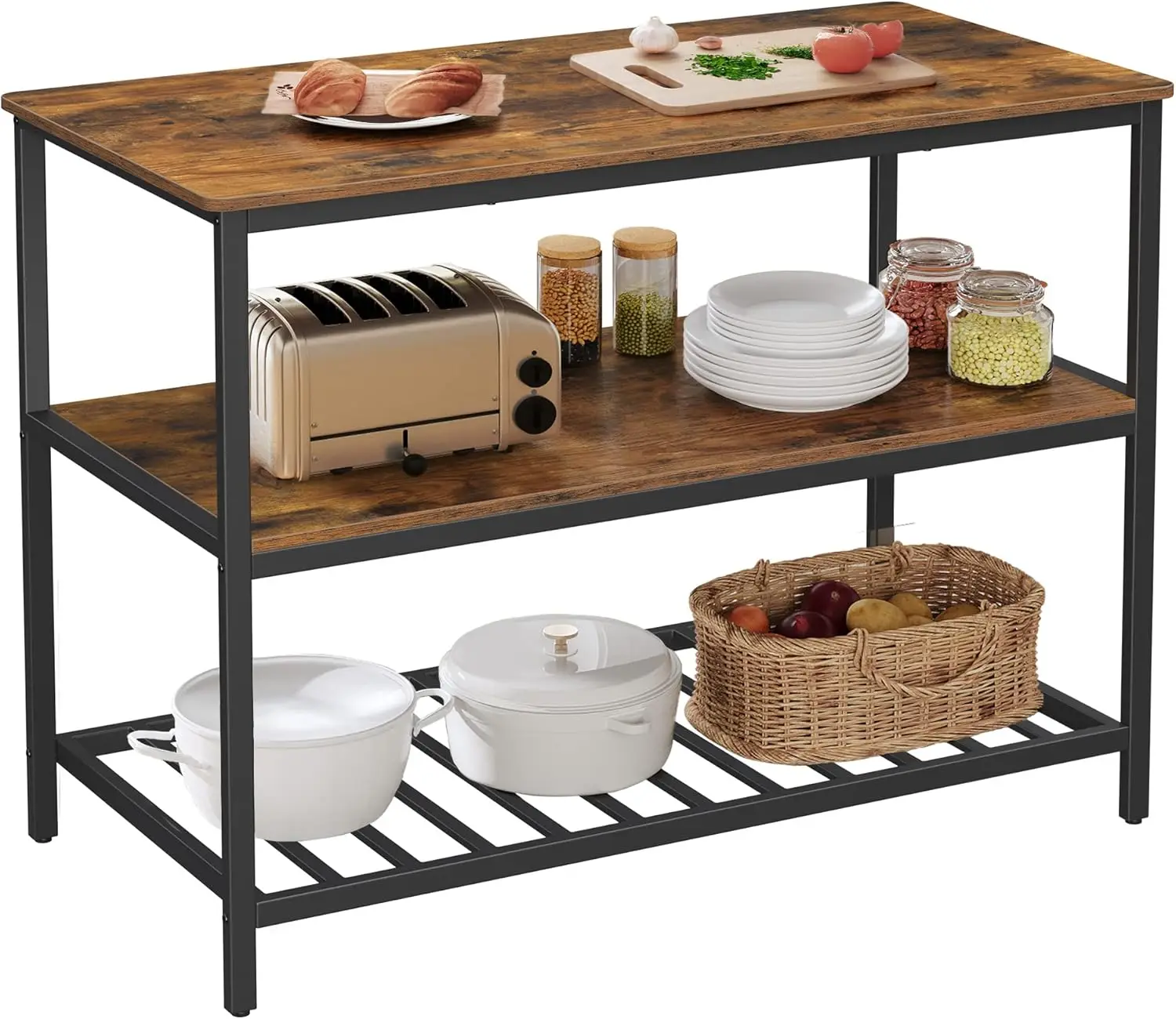 Kitchen Island with 3 Shelves, 47.2 Inches Width Kitchen Shelf with Large Worktop, Stable Steel Structure, Industrial