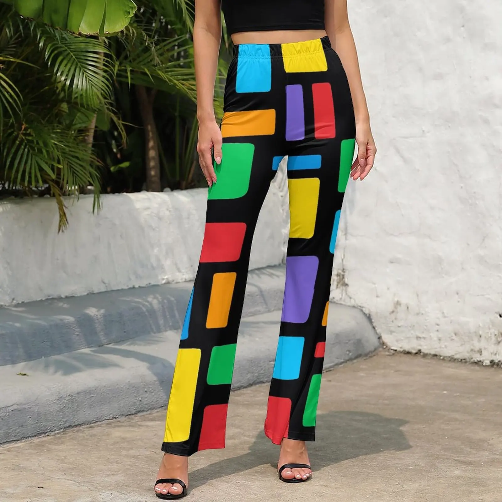 Retro Mod Pants Colorful Bricks Geometric Casual Flare Trousers Summer Women Printed Streetwear Slim Pants