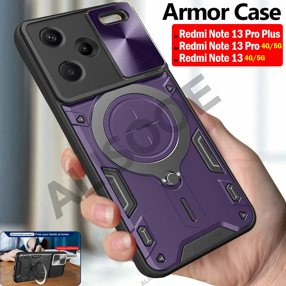 Armor Funda per Redmi Note 13 / Note 13 Pro Plus 5G custodia Slide Camera supporto magnetico Cover per Xiaomi Redmi Note 13 Pro 4G Capa