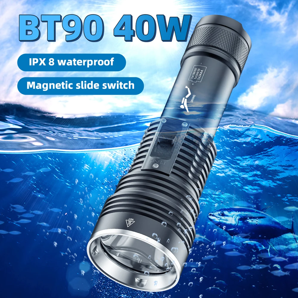 

40W BT90 LED Professional Diving Flashlight 5000LM Underwater 26650 Tactics Lamp 50M IPX8 Waterproof Scuba Torch Headlight