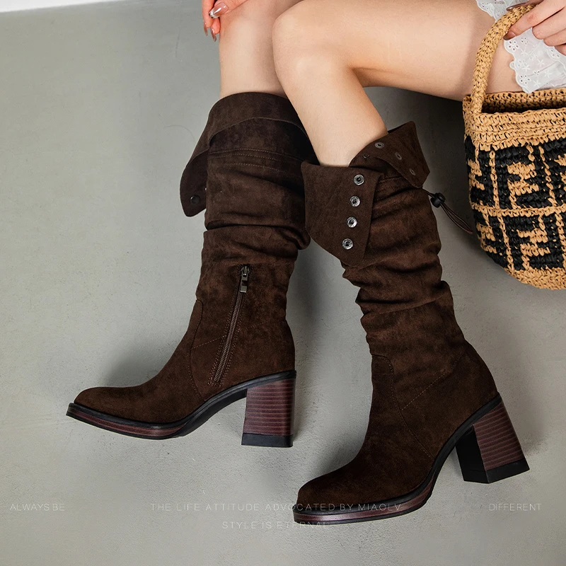 Trend Women Knee High Boots High Heels Fashion Shoes Warm Snow Long Boots Winter 2025 Suede Pumps Elegant Chelsea Botas Woman