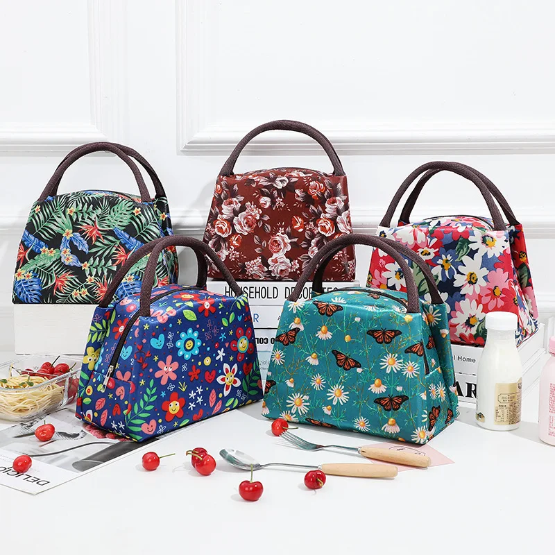 Oxford Cloth Insulated Lunch Bag with Flower Pattern Picnic Travel Breakfast Box Women Convenient Large Capacity Handbag