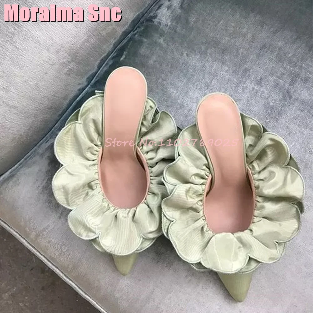 Pointed Toe Flower Mules Stiletto High Heel Ivory Solid Satin Shallow Women Shoes Summer Outdoor Casual Slip On Unique Slippers