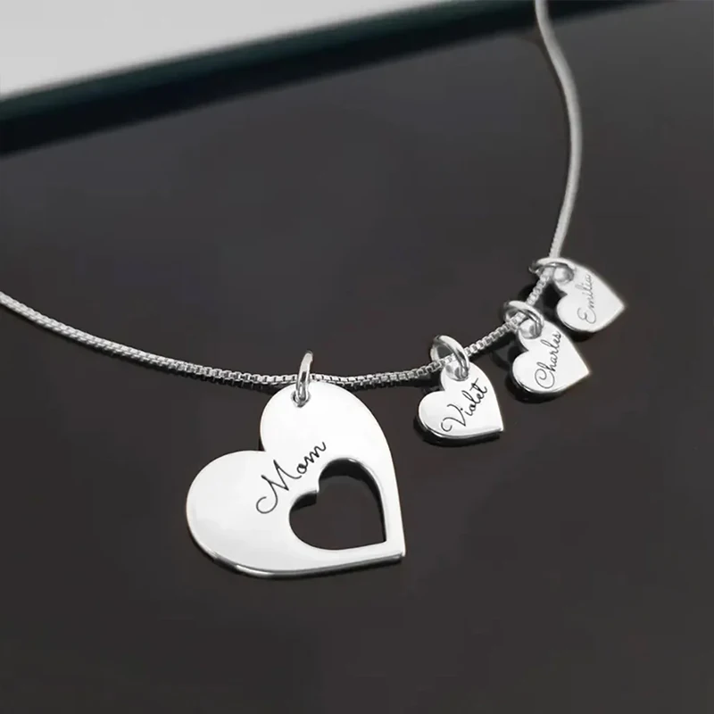 Personalized Name Hearts Necklace For Mom Engraved With Multiple Kids Names Customized Stainless Steel Jewelry Mother's Day Gift