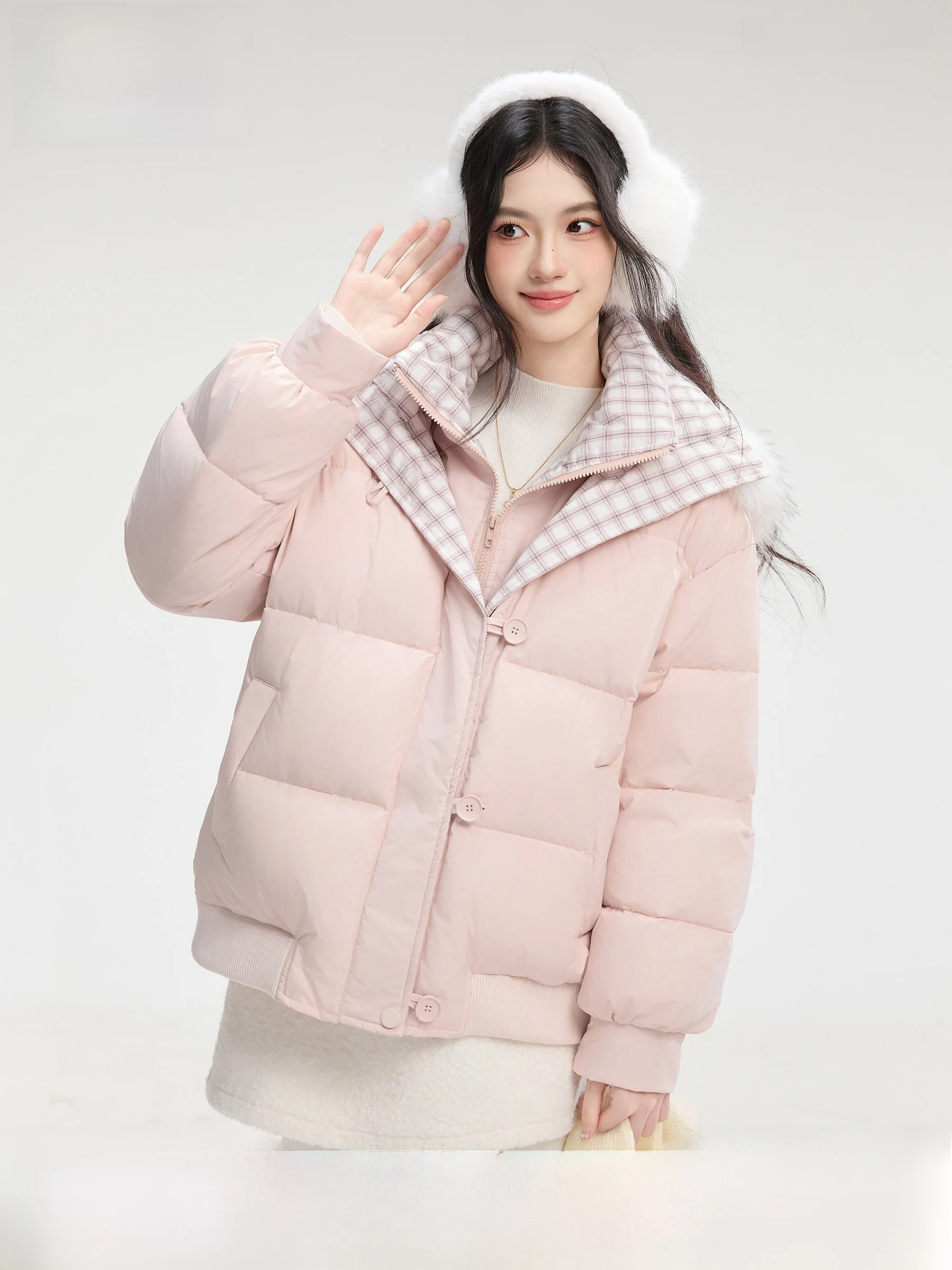 

Lingjiu 's Pink id Warm Cotton Jaet 5838 Casual Loose Fit with Button Detail Fur Collar And kets for Young Women