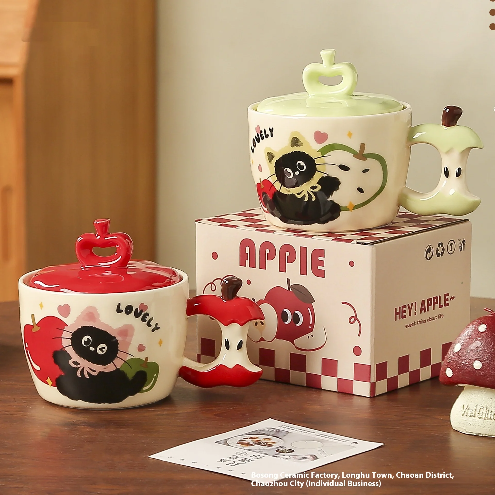 

Apple Shape Black Cat Pattern Ceramic Mug with Lid Coffee Milk Teacup with Hand Gift Kitchen Home