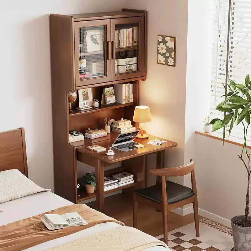 

Solid wood folding desk bookshelf integrated table home study table small apartment bookcase combined office