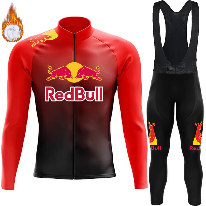 Men's Cycling Shirt Winter Thermal Fleece Jersey Red Bull 2024 Bib Bicycle Clothing Retro Man Maillot Set Suit Clothes Jumper