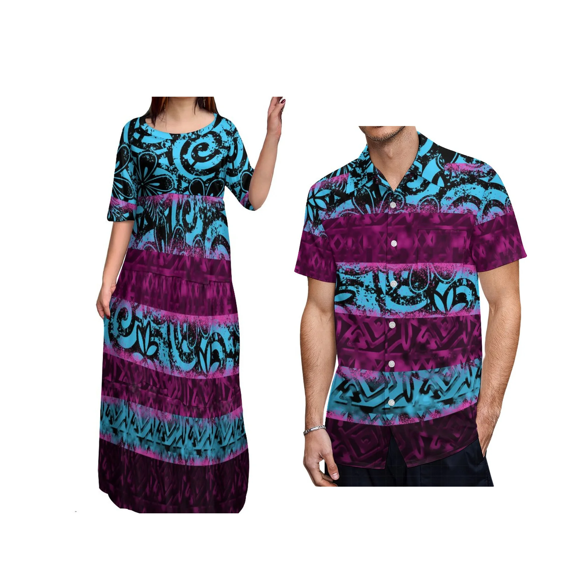 Best Price Wholesale Custom Flower Printing Hawaiian Dress Half Sleeve Long Ruffles Tiered Dresses Polynesian Dress