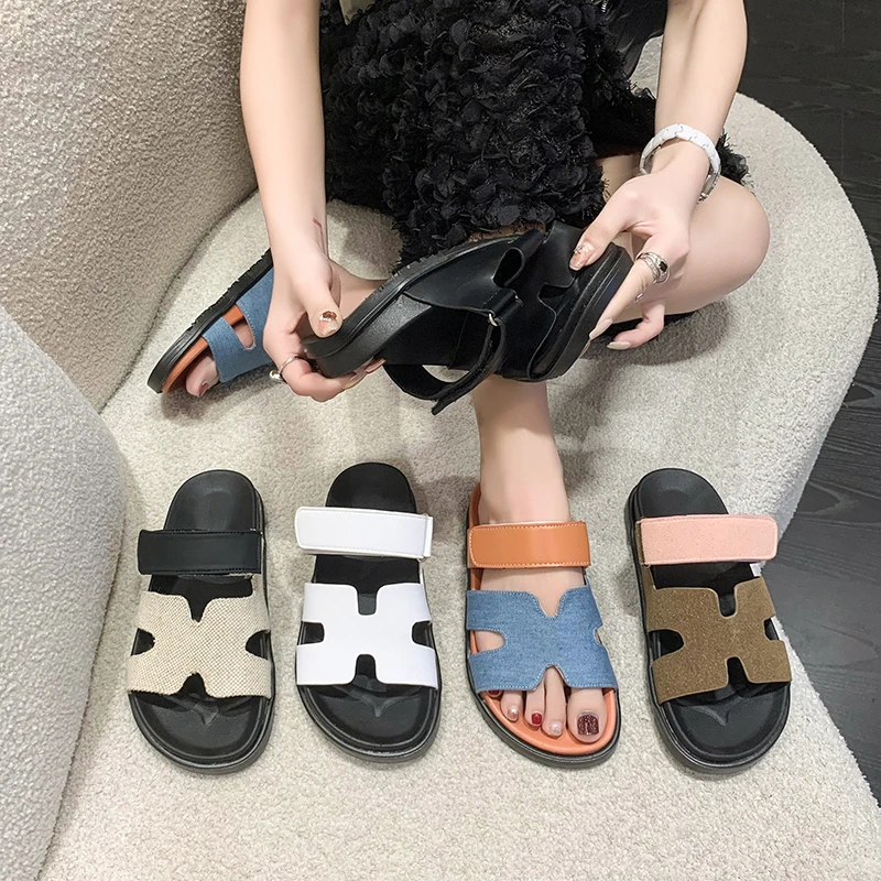 Women's Summer 2024Simple Solid Color Designer Anti Slip Soft Bottom One Word Slippers for Daily Comfort Outdoor Casual Slippers