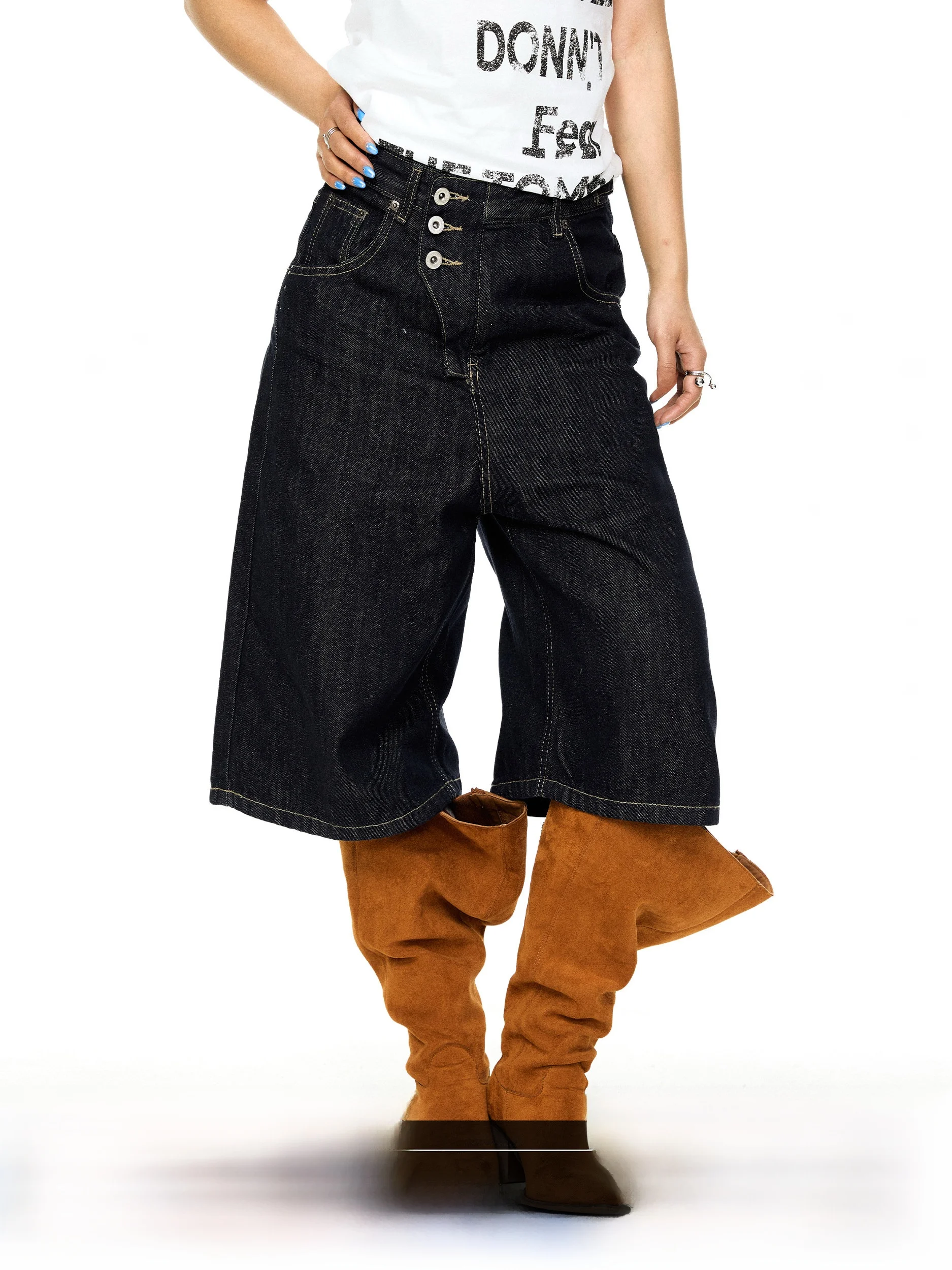 Retro Deep Blue Five-Point Denim Shorts Women's Summer Loose Casual Wide Leg Pants High Street Style Cotton Blend Trousers