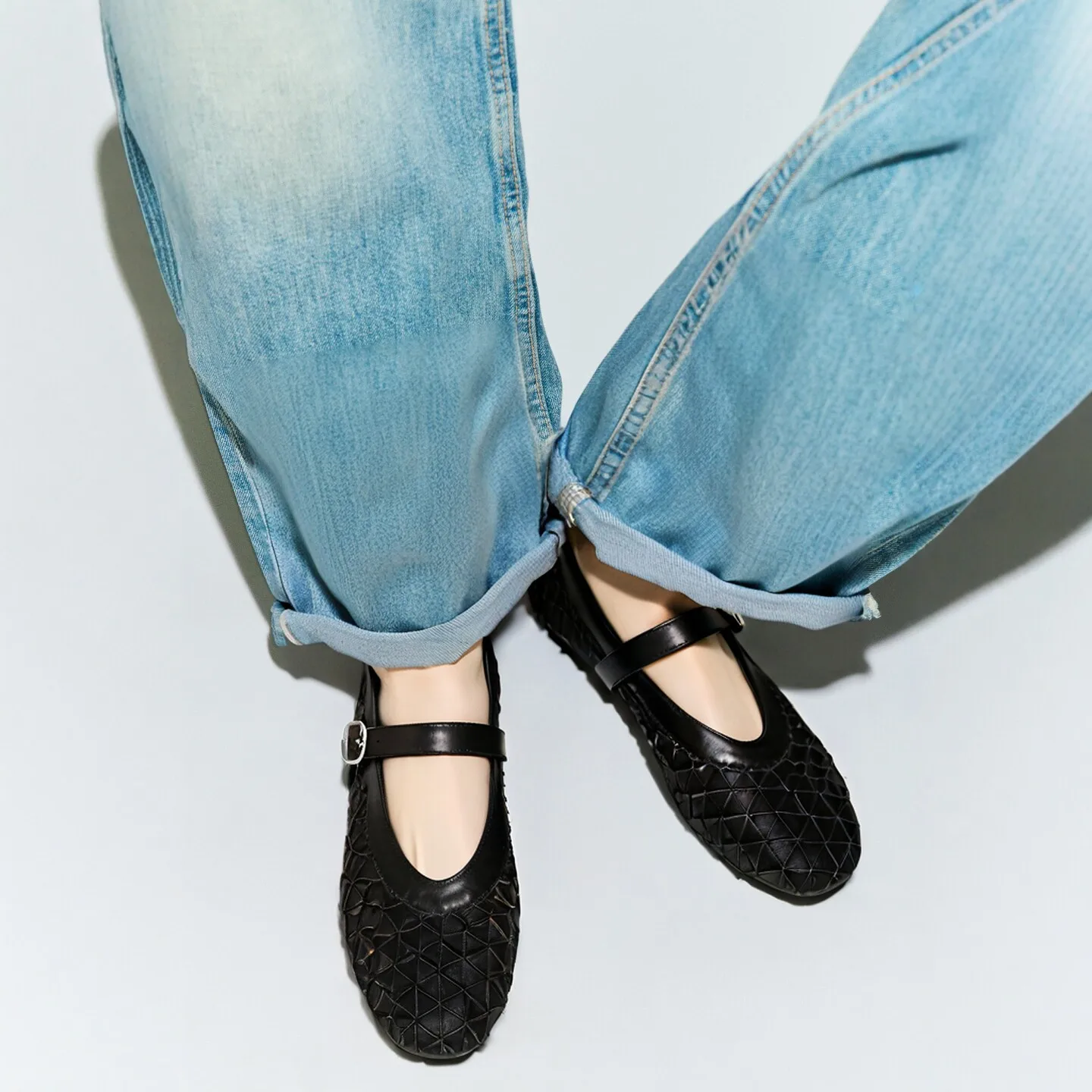 

Luxury Designer Mesh Woven Ballet Flats Women Round Toe Buckle Elegant Mary Jane Shoes Comfort Lightweight Casual Shoes Ladies