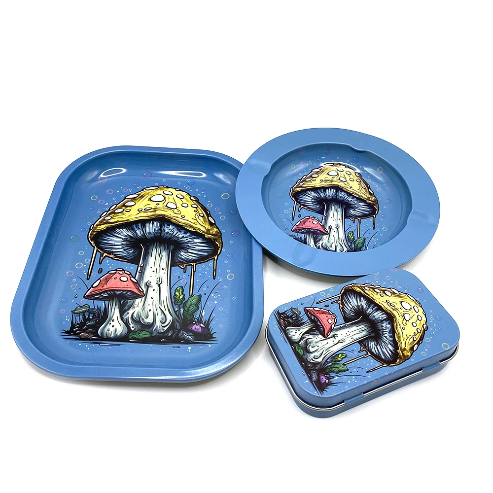 3Pcs 18X14cm Rolling Tray Dish Tin Storage Plate with Cigarette Case Container Metal Ash Tray Round Tobacco Ashtray Smoking Set