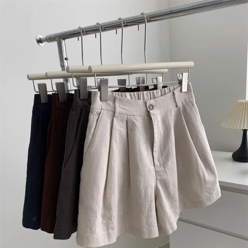 Pantalones cortos de ramio Retro lavados para mujer, pantalones coreanos versátiles en forma de A, de cintura alta, finos, de pierna ancha, de algodón y lino, para verano
