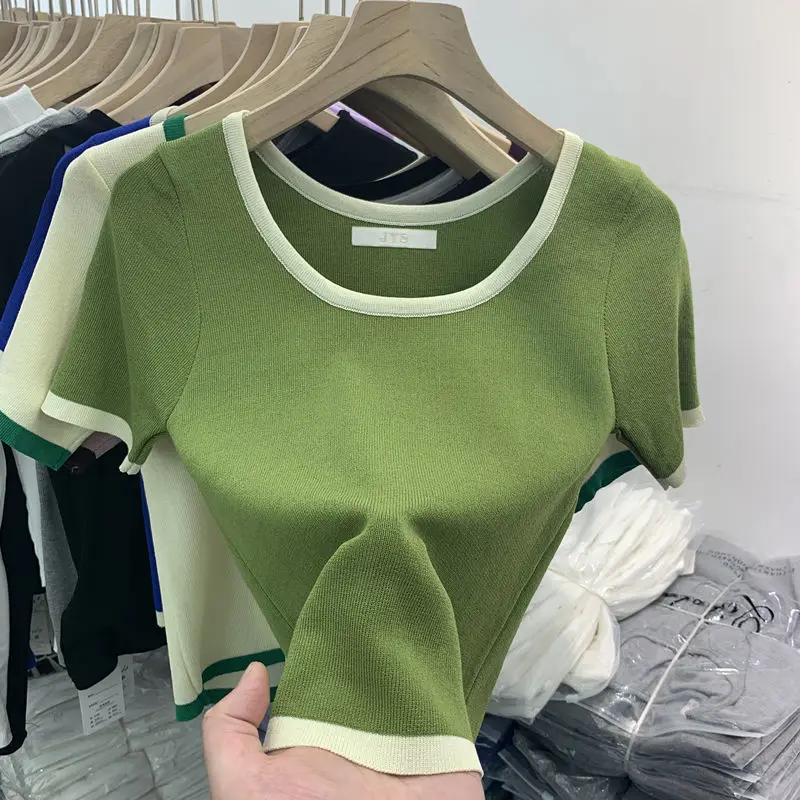 Contrast Color Ice Silk Short Sleeve T-shirt Women\'s Summer New 2024 Sweet Knit Base Shirt Small Short Top Green