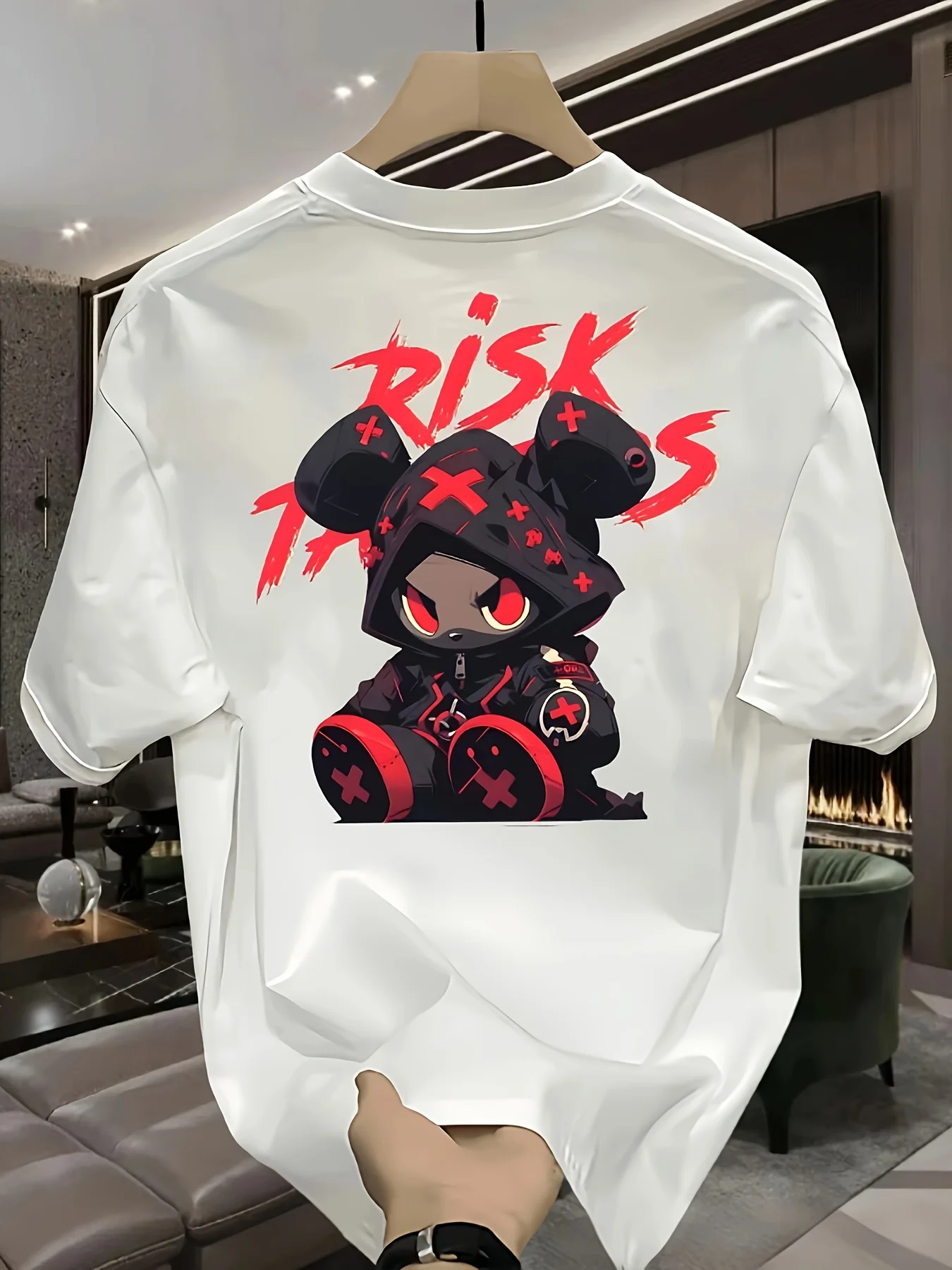 Men's Summer 100% Cotton Fashionable Casual Loose Tricks T-shirt Top with Red Splash Pattern Printed Round Neck Short Sleeve