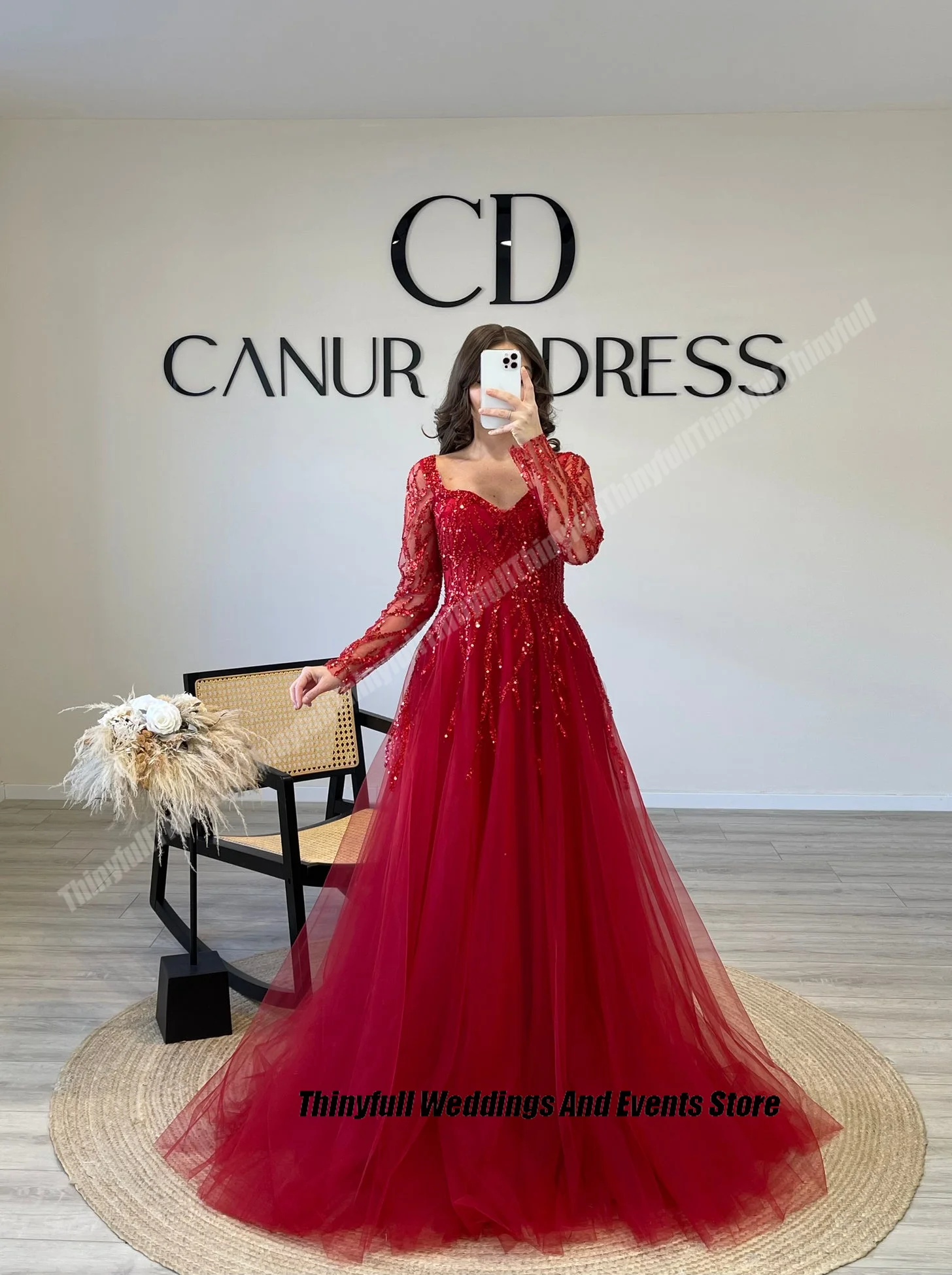 Thinyfull Glitter A-line Saudi Arabia Prom Dresses Sweetheart Long Sleeves Tulle Sequined Evening Gown Formal Occasion Dress