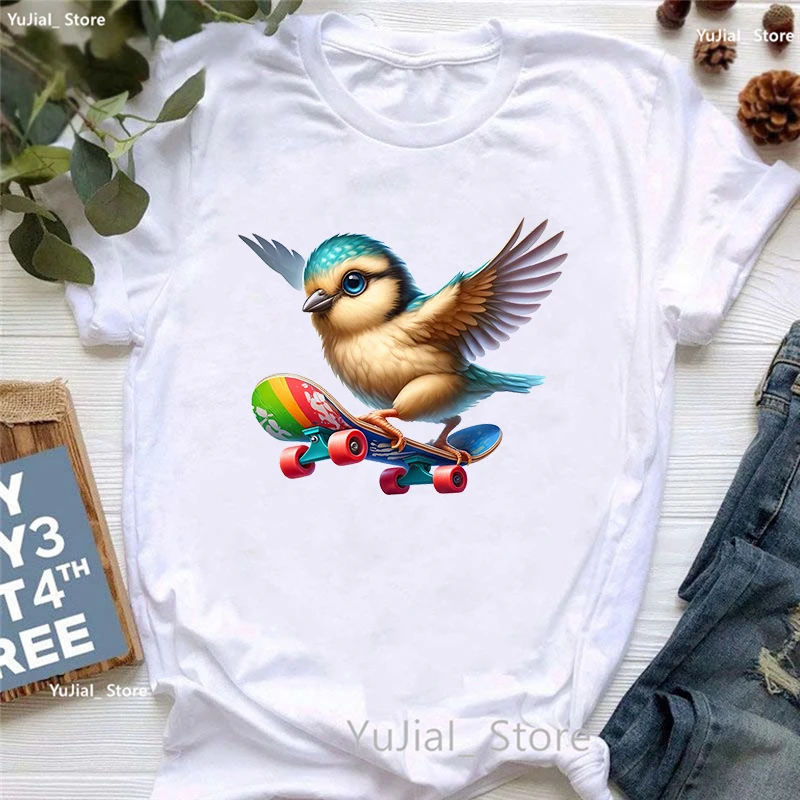 Funny Skateboarding Bird Printed T Shirt Girls Casual Tshirt Women Harajuku Kawaii Clothes Summer Short Sleeve T-Shirt Female