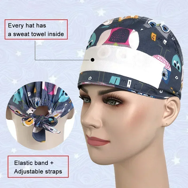 Beauty Agency Cotton Comfortable Work Scrubs Hat Elastic Female Lab Doctor Dustproof Cartoon Men's Nursing Medical Cap Wholesale