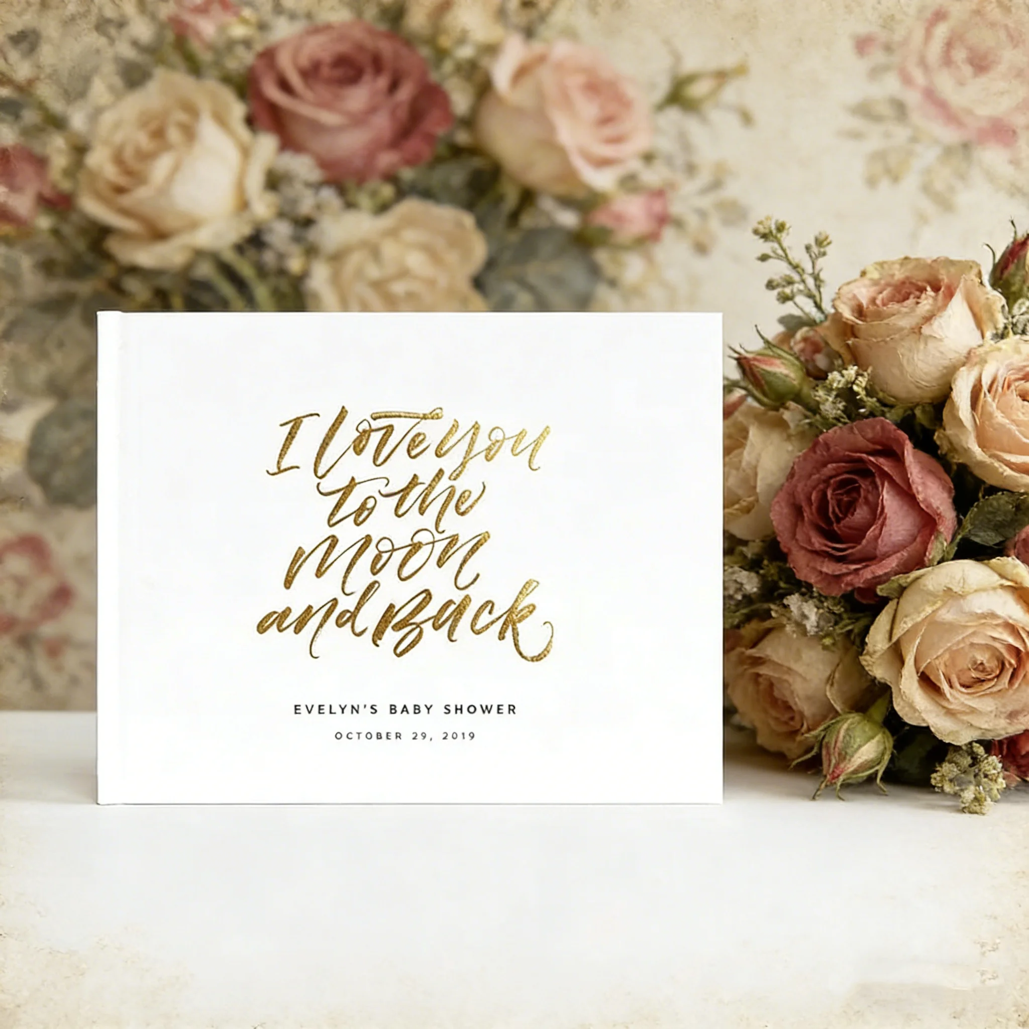 

Книга для гостей на бэби-шауэр с золотой фольгой «Луна и Земля» | Персонализированный фотоальбом в твердом переплете для фотобудки