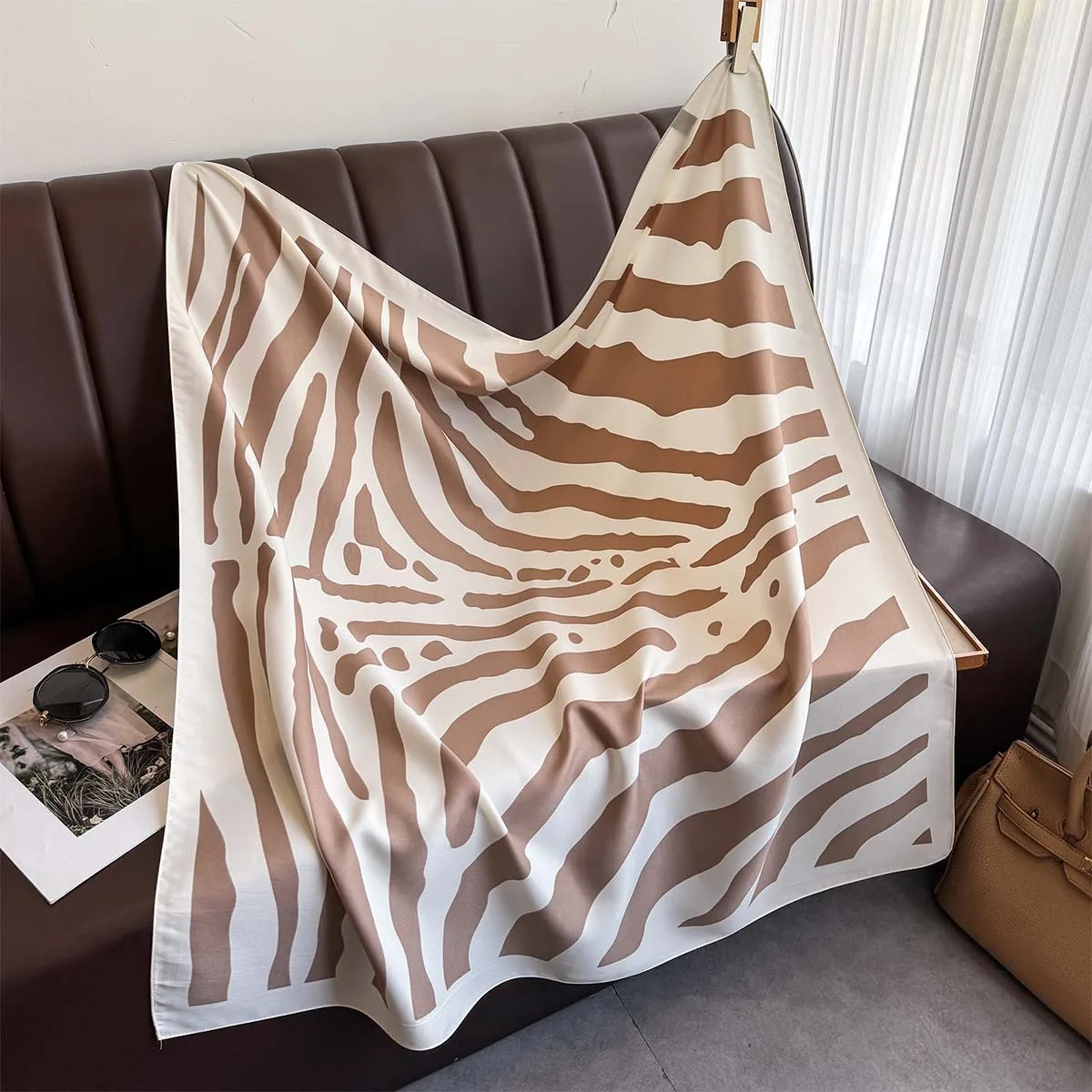 90*90cm Twill Silk Scarf Women Square Bandana Shawls Soft Foulard Femme Hijab Luxury Bufandas Neckerchief Brown Hair Accessories image 5