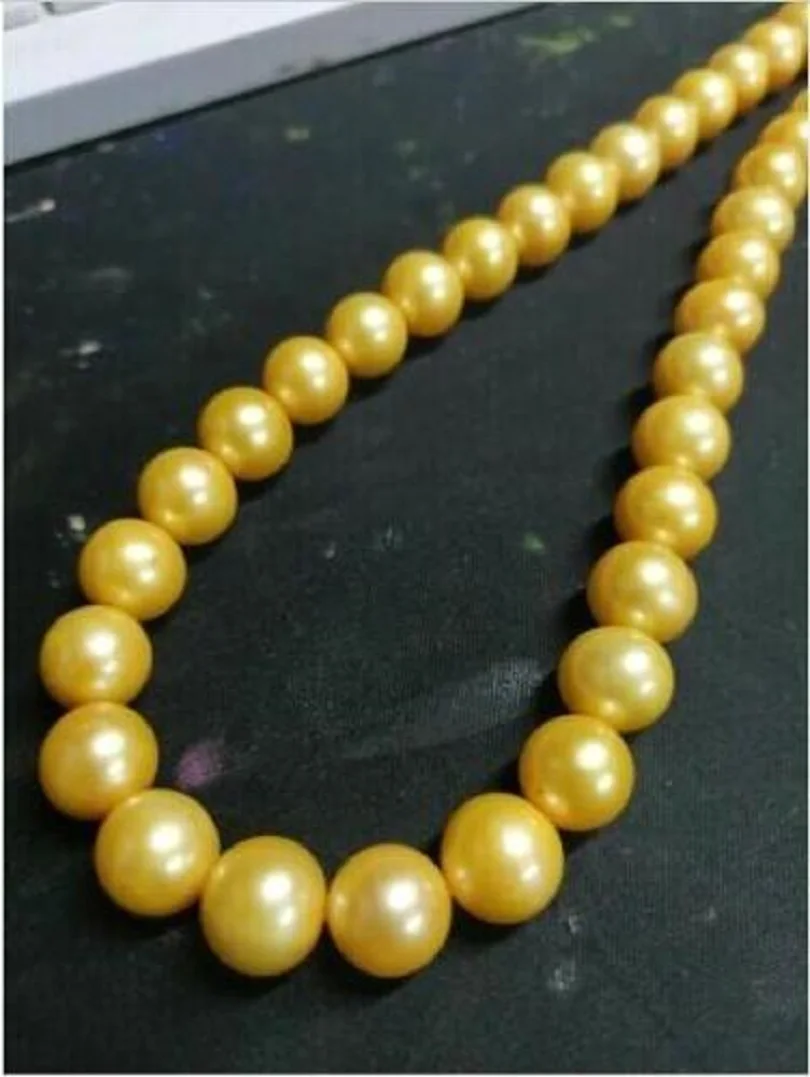 

Large AAA10-11mm Natural South China Sea Gold Round Pearl Necklace 35 i 14Kp Gold