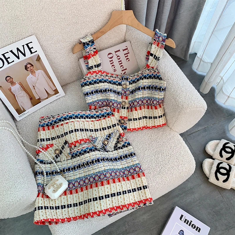 Ensemble 2 pièces en tweed à rayures pour femmes, haut court en émail, jupe trapèze, tenues vintage, élégant, sexy, été, 2023